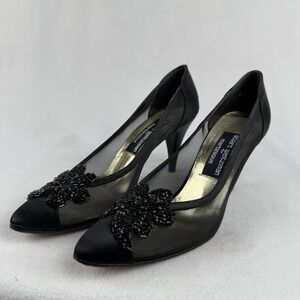 Stuart Weitzman for Martinique Black‎ Mesh Beaded Flower Heels Pumps Sz 7.5SS